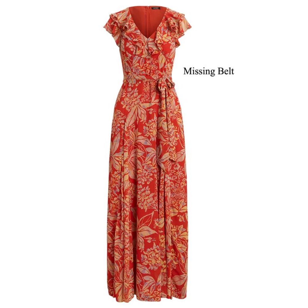 Lauren Ralph Lauren Womens Floral Crinkle Georgette Gown 4 Red Multi NWT